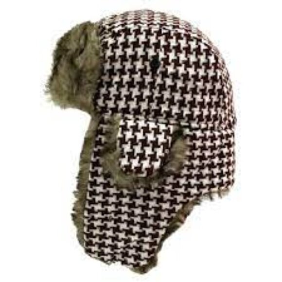 Houndstooth & Faux Fur Aviator Trapper Hat - Picture 1 of 1